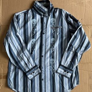 Harley-Davidson Blue & White Striped Skull Button-Down Shirt